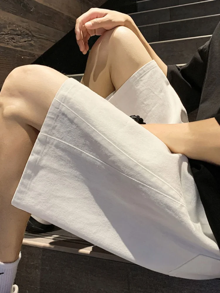 

Белые джинсовые шорты мужские, дизайнерские, с элементами пэчворка, летние, тонкие, повседневные, в американском стиле, модные, средней длины