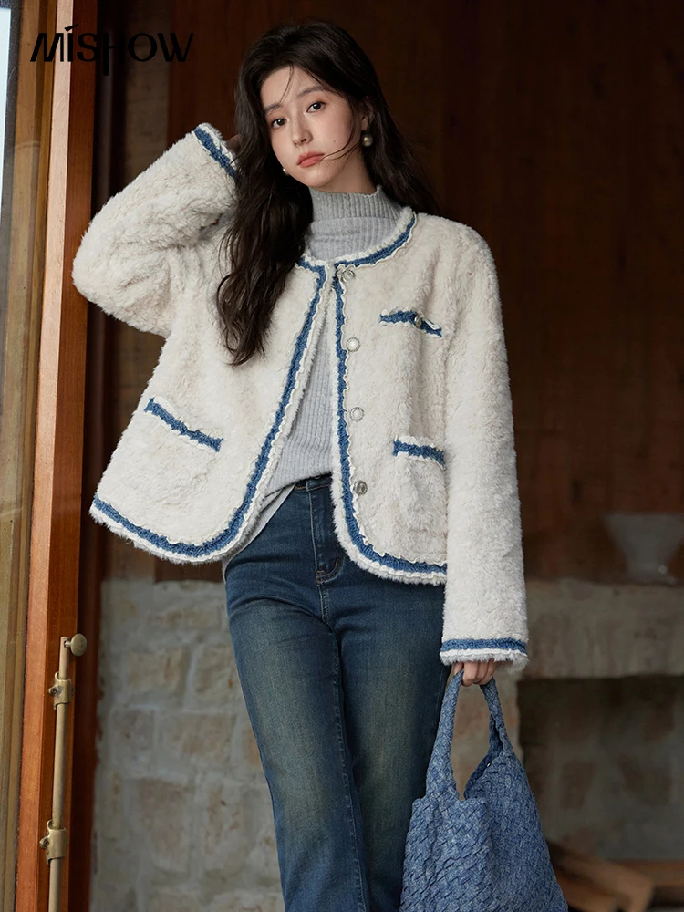 

MISHOW Lace Faux Lamb Woo Suede Plush Jacket Winter Clothes Women O-Neck Color Clash Design Soft Thick Warm Coats MXD54W0551s