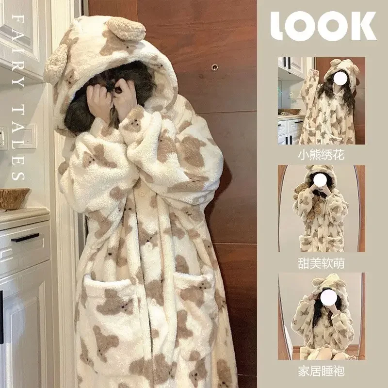 Warm Coral Velvet Pajamas Bathrobe Kawaii Girls Autumn Winter Sleepwear Thicken Soft Plush Hooded Long Homewear Women Loungewear