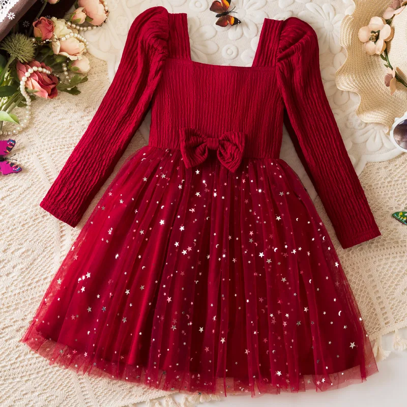 

Autumn Winter Girls Long Sleeve Sequins Bow Tulle Dress For Kids Christmas Birthday Formal Evening Pageant Elegant Party Outfit