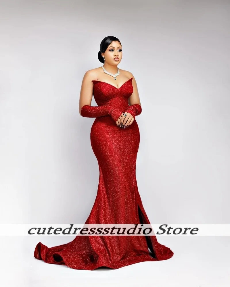 ชุดราตรีสีแดงประดับเลื่อมสำหรับสาวผิวสี ชุดเดรสทรงเมอร์เมดผ่าสูงสำหรับงานแต่งงาน งานปาร์ตี้ ชุดราตรียาวแบบคอวี ชุดพรอมหรูหราสั่งตัดได้