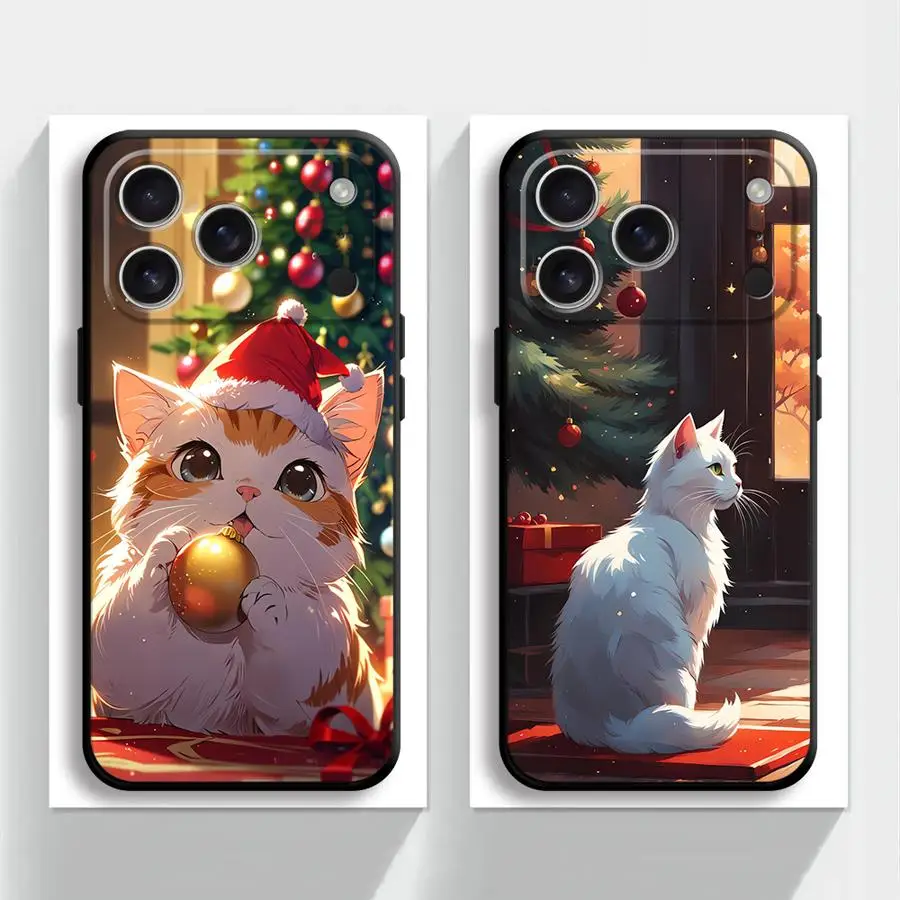 

Чехол для iPhone 13 12 11 17 Pro Max 15 16 14 Plus XS Max XR 17Air 7 8 Черный Мягкий чехол для телефона Рождественский милый кот