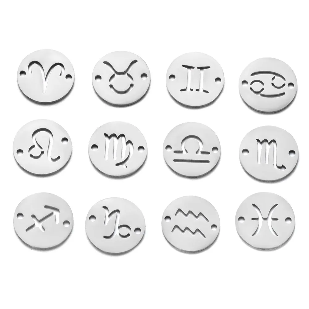 12pcs/lot Stainless Steel Mixed Zodiac Charms 12mm Mirror Polish Zodiac Signs Twelve Constellation DIY Jewelry Making
