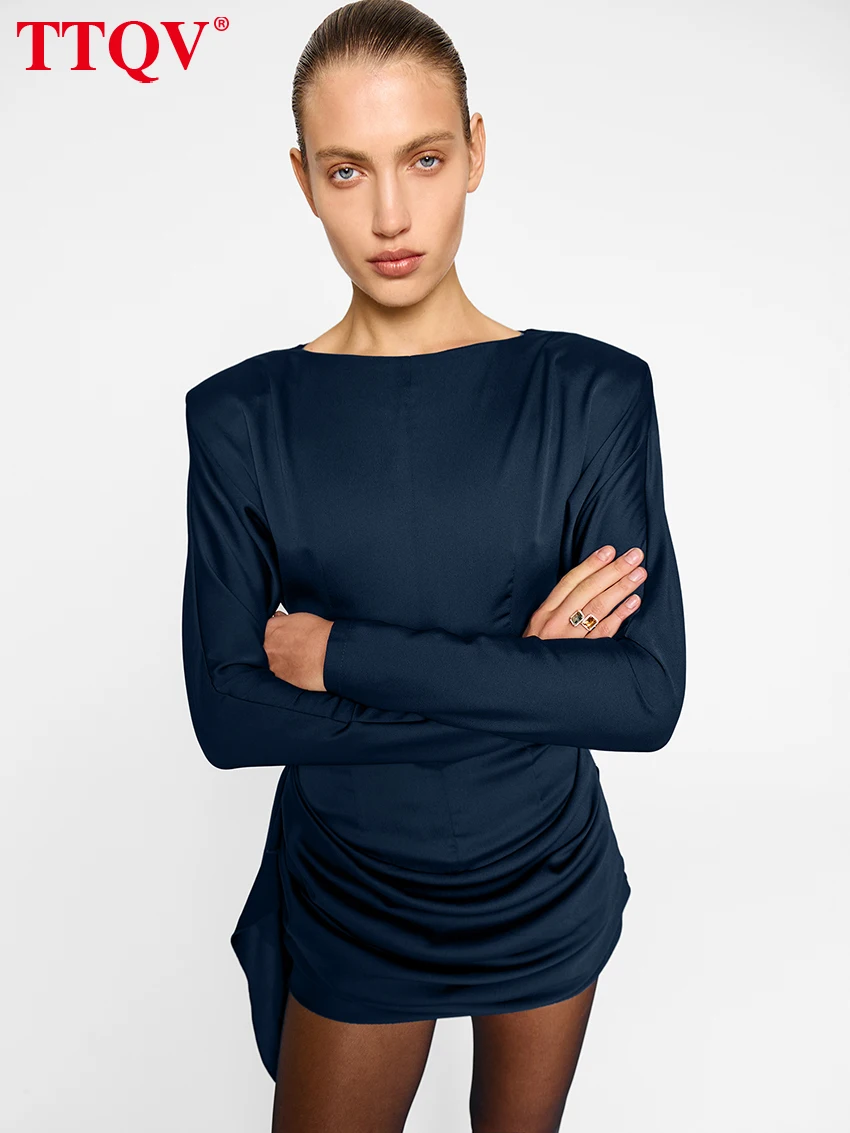 

Модное облегающее синее атласное женское платье TTQV 2026: элегантное классическое мини-платье с круглым вырезом, длинным рукавом и завышенной талией
