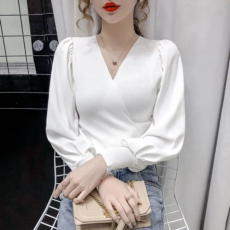 Ropa de punto de manga larga con cuello en V para mujer, Tops delgados, blusas elegantes, moda coreana, primavera y otoño, 2023