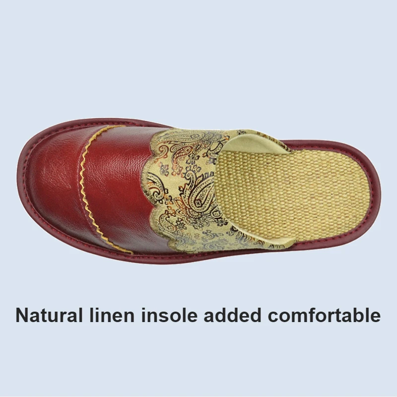 Genuine Cow Leather Linen Slippers Homes in indoor slipper Spring Autumn men women elderly non-slip casual single Slides shoes