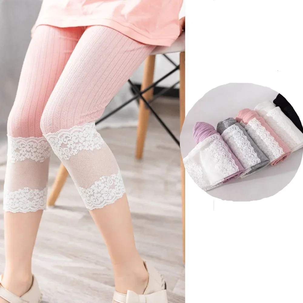 2024 Summer Girls Lace Leggings Kids Pants 2 To 10 Yrs Children\'s Clothing Pencil Pant Solid Color Trousers Korean Style