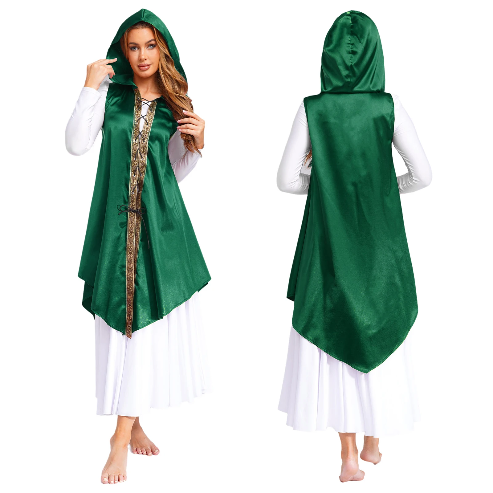 

Halloween Unisex Witch Cosplay Medieval Hooded Cloak Sleeveless Satin Cape Gothic Punk Front Lace-up Retro Trim Irregular Robe