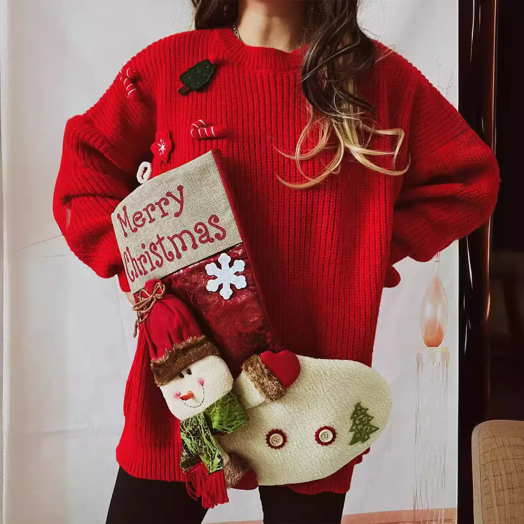 Loose And Thickened Christmas Sweater Christmas Socks Snowman Doll Pocket Red New Year Jumper Korean Pullover