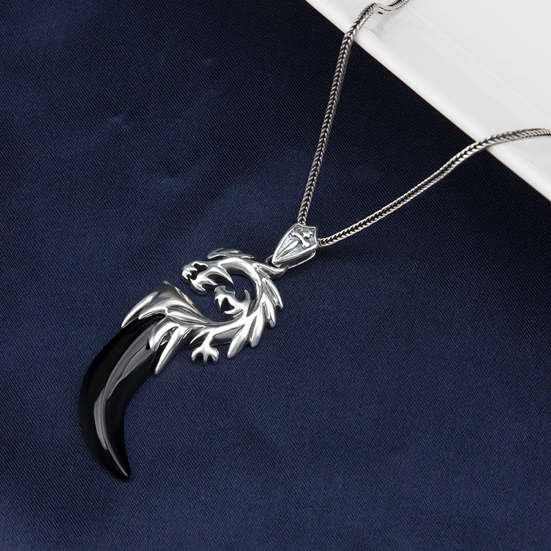 Jade Angel Black Onyx Wolf Tooth Spike Pendant 925 Sterling Silver Dragon Necklace With Foxtail Chain Male Jewelry Accessorie