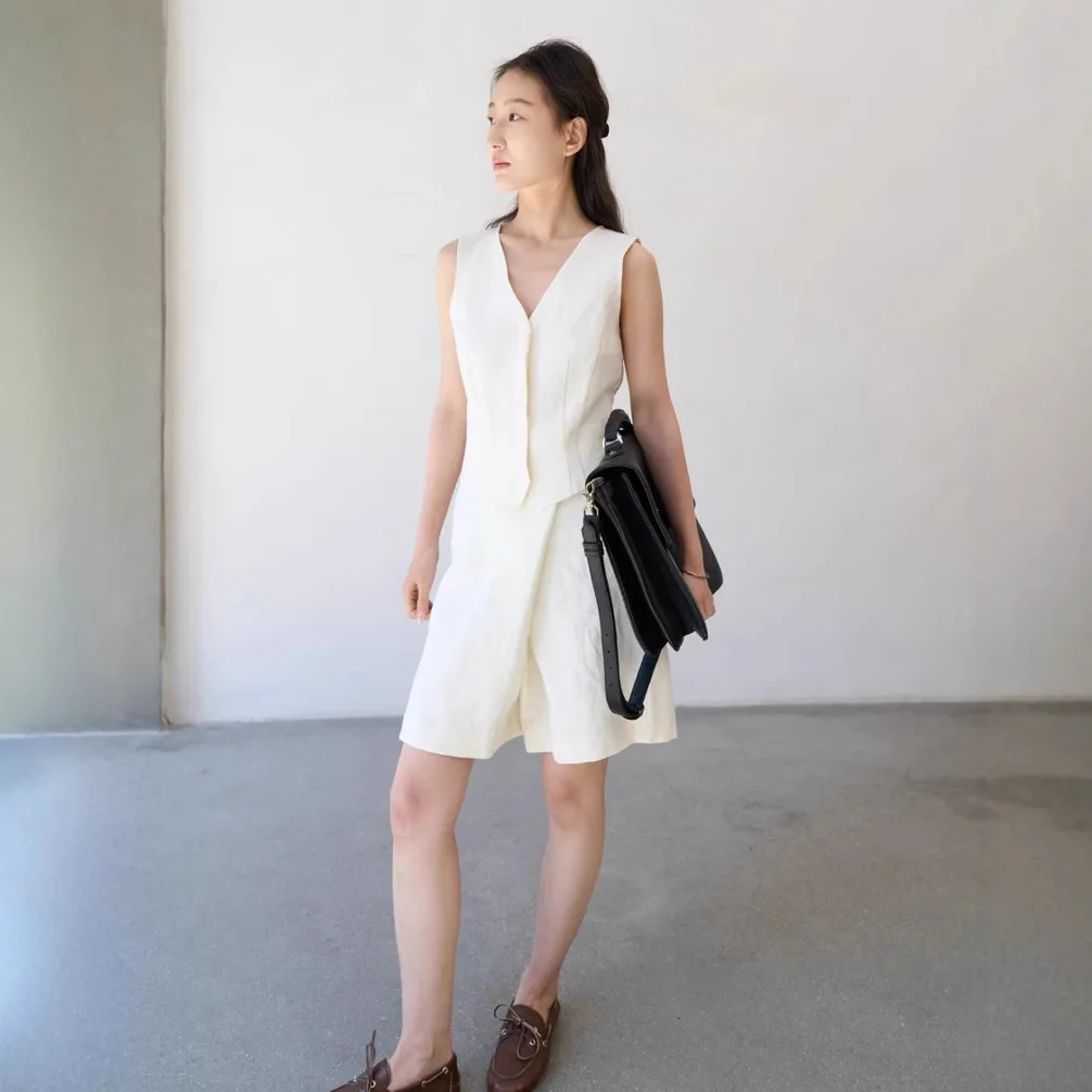 

Withered Linen Vest Set French Minimalist Solid Color Retro Thin Sleeveless Top Shorts New Two Piece Set Women's