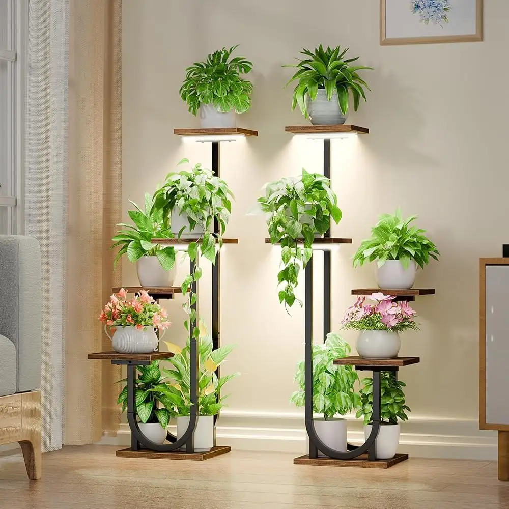 Indoor Plant Stand with Grow Lights 2 Pack 5-Tier Metal Plant Shelf Indoor Gardening Flower Display Corner Organizer