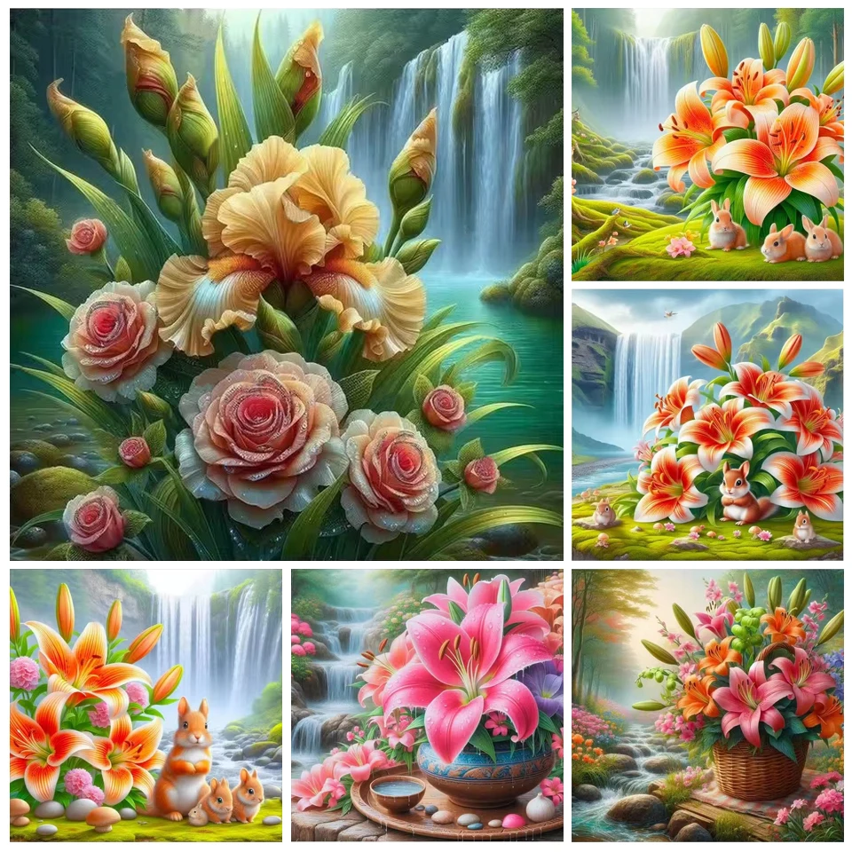 Diamond Painting Rabbit Lily Flower Waterfall Mountain Cross Stitch Diamond Embroidery Mosaic Full Layout 5D DIY Handmade Gift
