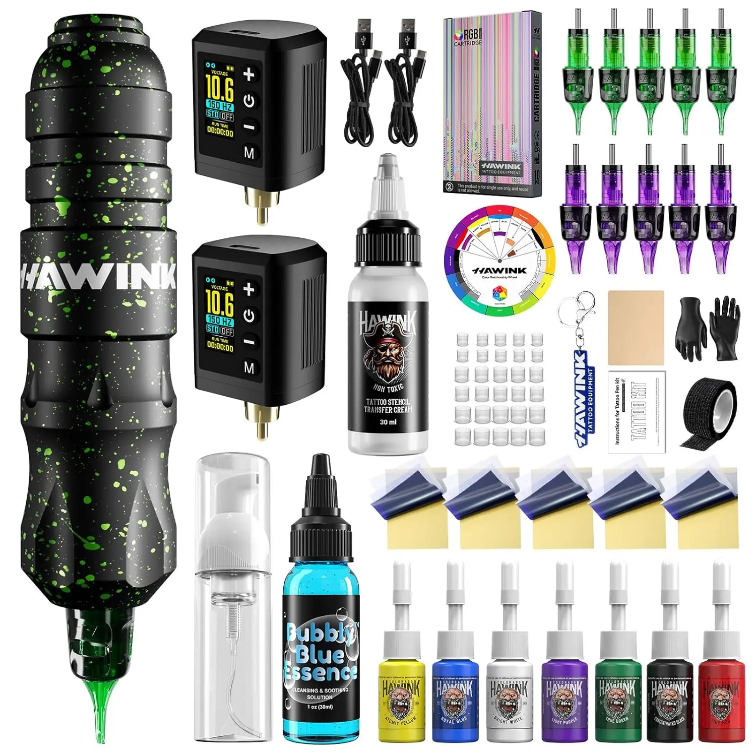 

Tattoo Gun Kit with LCD Digital Power Supply, 3.7V Lithium Battery, 1600mAh, 2 Batteries, 7 Inks, Stencil Transfer Cream Gel