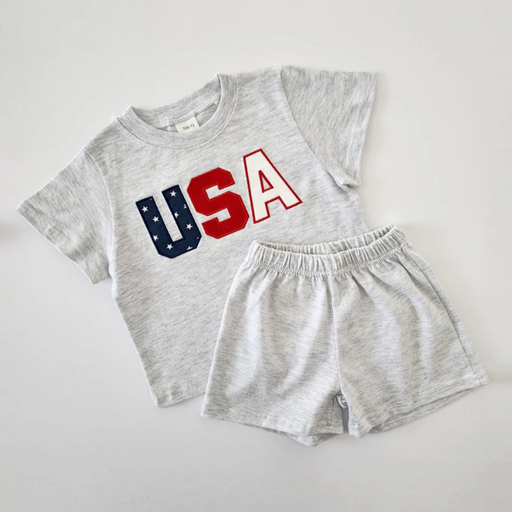 

INS 2023 New Infant Clothing Baby Print Letter USA Short-sleeved Tops+smile Shorts Suit Toddler Tees and Short Pants Set Clothes