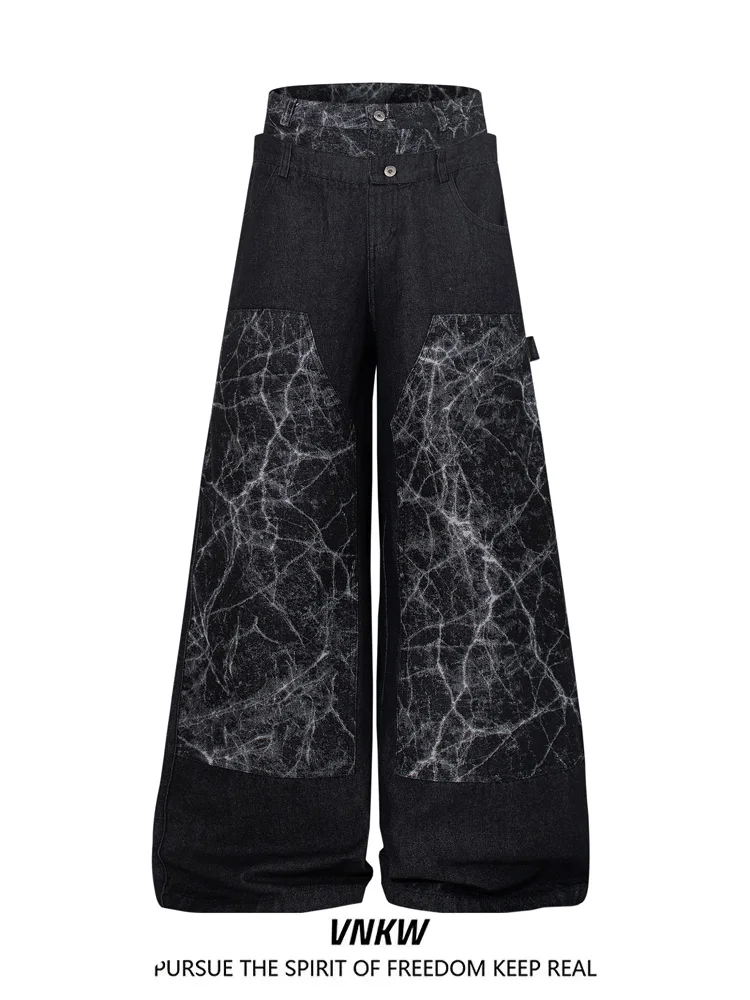

American High Street Original Jeans Spliced Spider Web Pattern Workwear Pants Loose Wide Leg Floor-Length for Men And Women