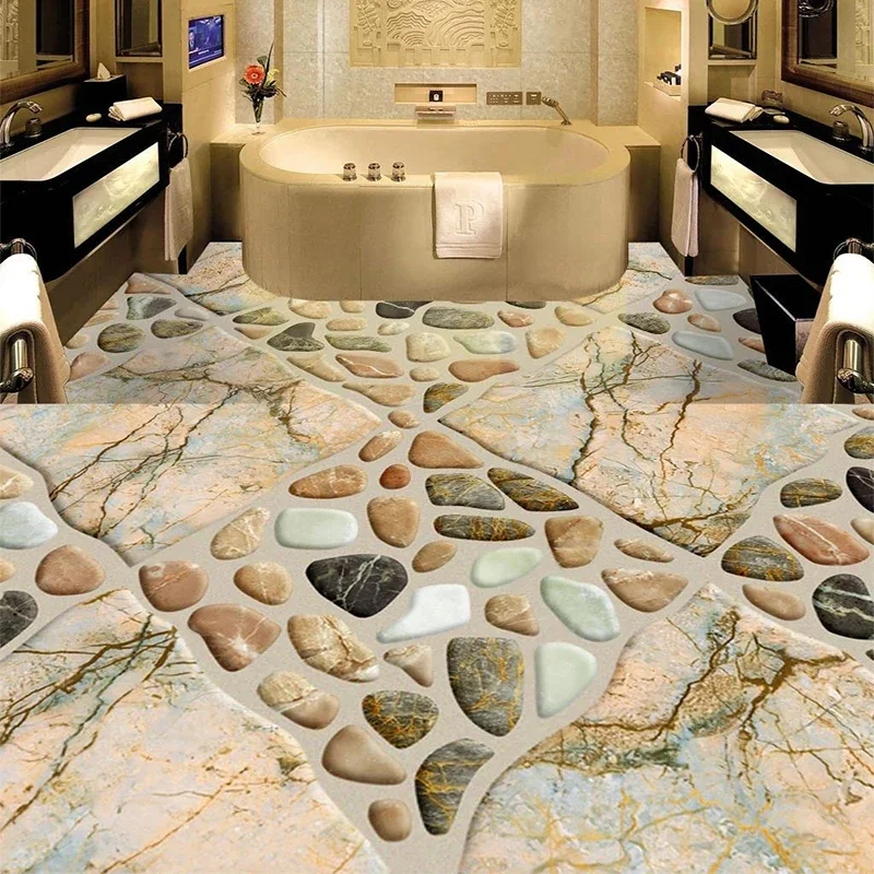 Custom Self-Adhesive Waterproof Floor Mural Wallpaper Modern Stereo Cobblestone 3D Floor Painting Mural Bathroom Hotel Stickers