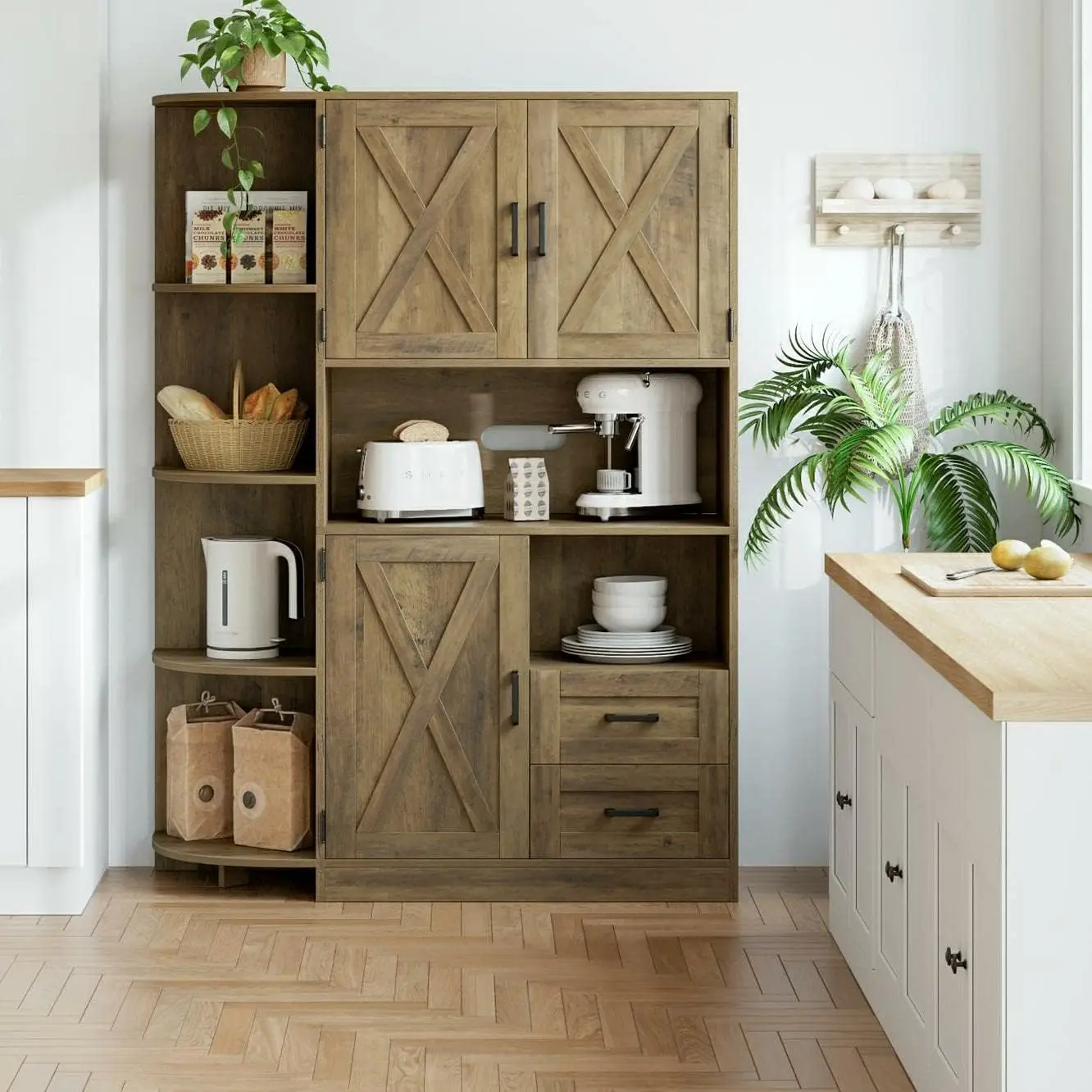 60.4" Farmhouse Kitchen Pantry Storage Cabinet, Freestanding Hutch with Doors & Shelves, Buffet Sideboard