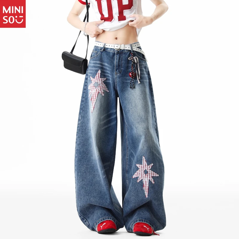 Miniso 3D Star Jeans Women، بنطال أمريكي واسع الساق، بنطال جينز مستقيم أنيق