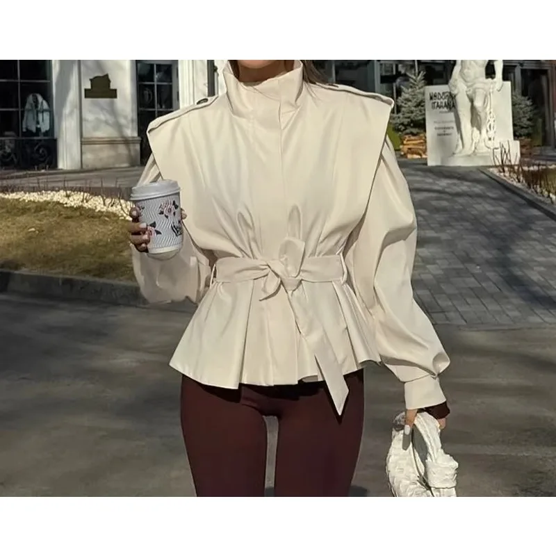 Women Short Trench Coat Streetwear Pleated Solid Lace Up Stand Collar Windbreaker