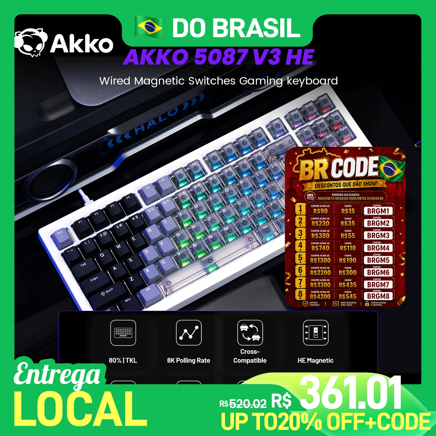 Teclado Akko 5087 V3 HE com Interruptor Magnético, Acionamento Rápido de 0,005mm, 8K ARGB, USB Tipo-C/2.4g/BT Sem Fio, Teclado Gamer Personalizado com 88 Teclas