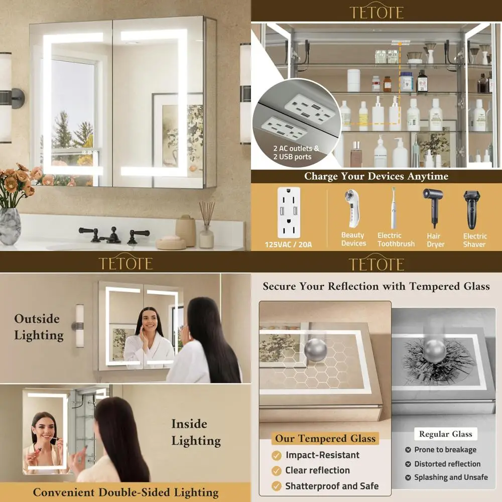 

Illuminated LED Medicine Cabinet, 30x26 inches, Recessed or Surface Mount, Bathroom Wall Mirror, 2 Door Tempered Glass