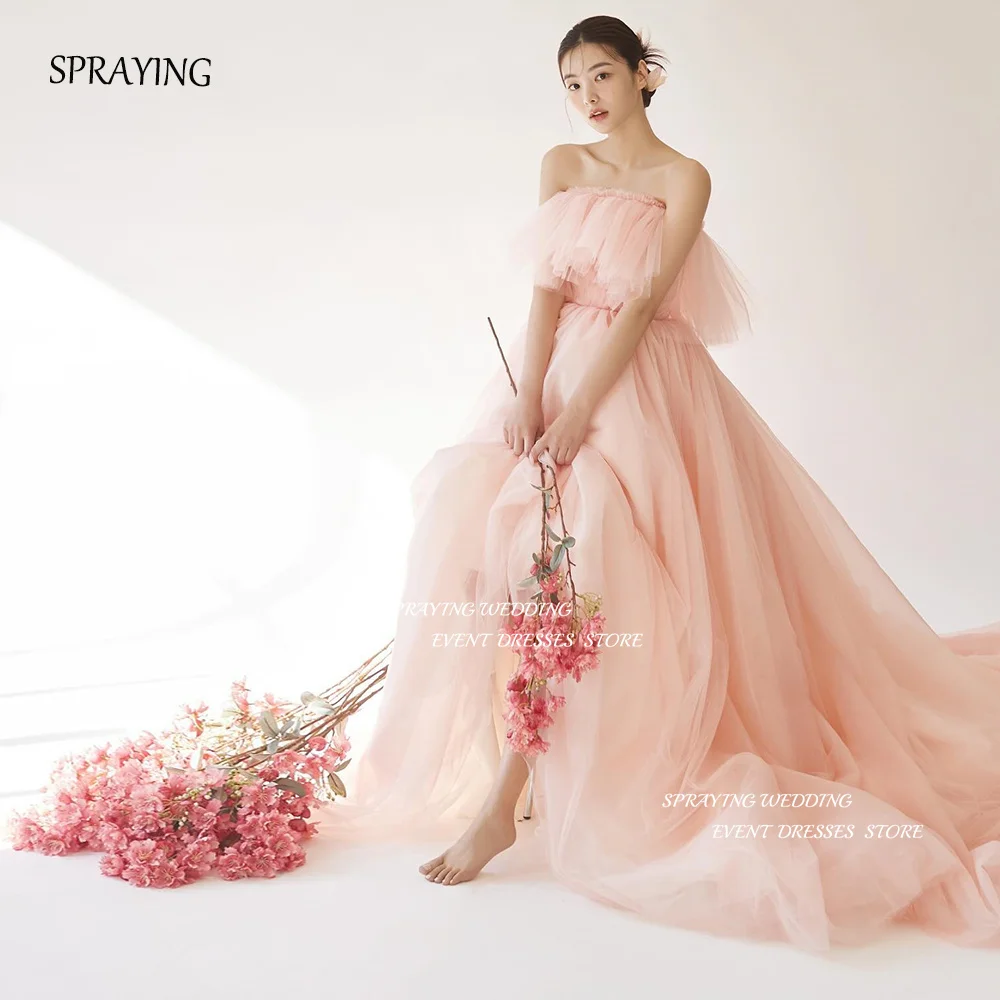 

SPRAYING Korea Wedding Party Dresses 웨딩드레스 Pleat Strapless Bridal Gown Simple Elegant Sweep Train Prom Party Gown Custom Made