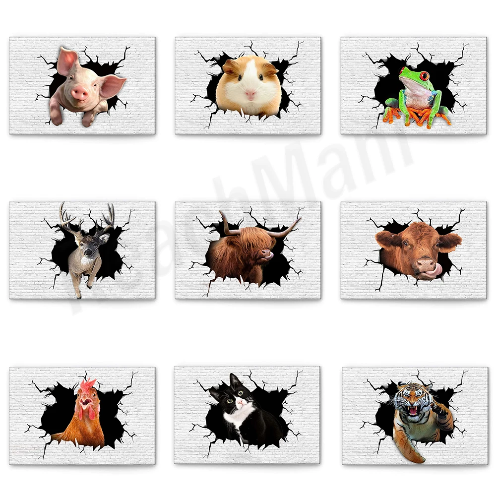 

Frog, deer, chicken, tuxedo cat, guinea pig, black cat, tiger, horse, highland cow poster, funny animal crack effect canvas prin