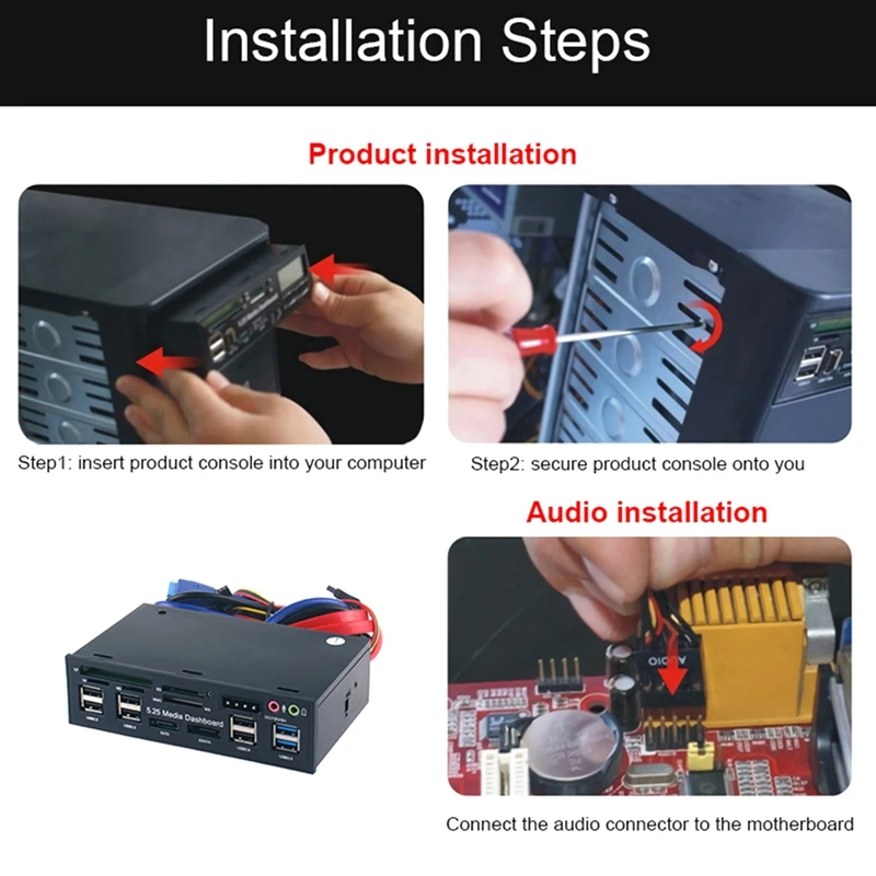 FFYY-5.25 Inch Media Dashboard With USB 2.0/3.0 E-SATA SATA Multi-Card Reader For Desktops