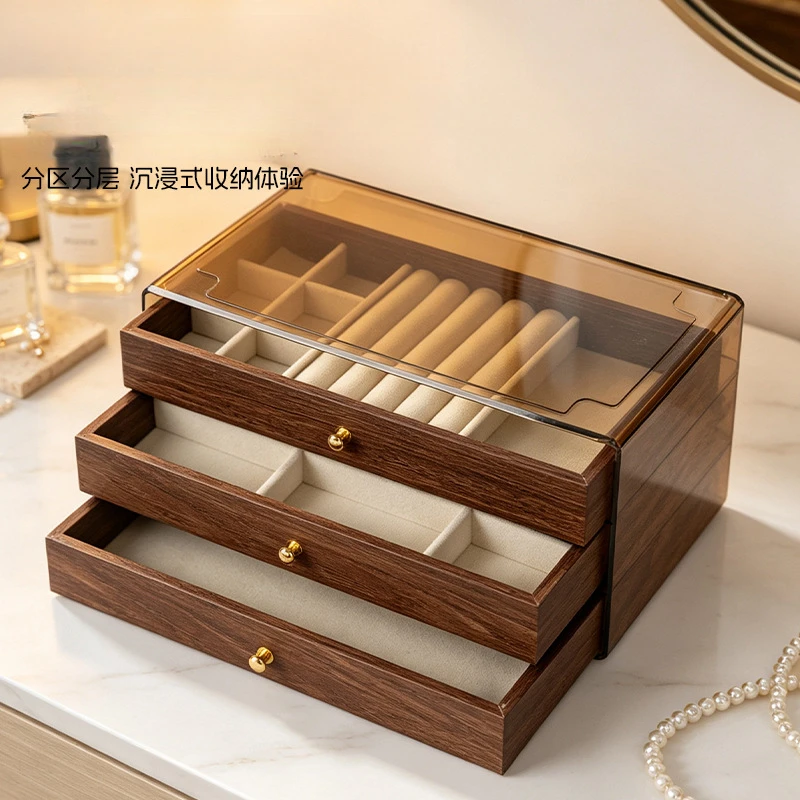 Walnut Wood Grain Jewelry Box For Necklaces And Earrings, Premium Gift Box With Large Capacity Three-Layer Organizer
