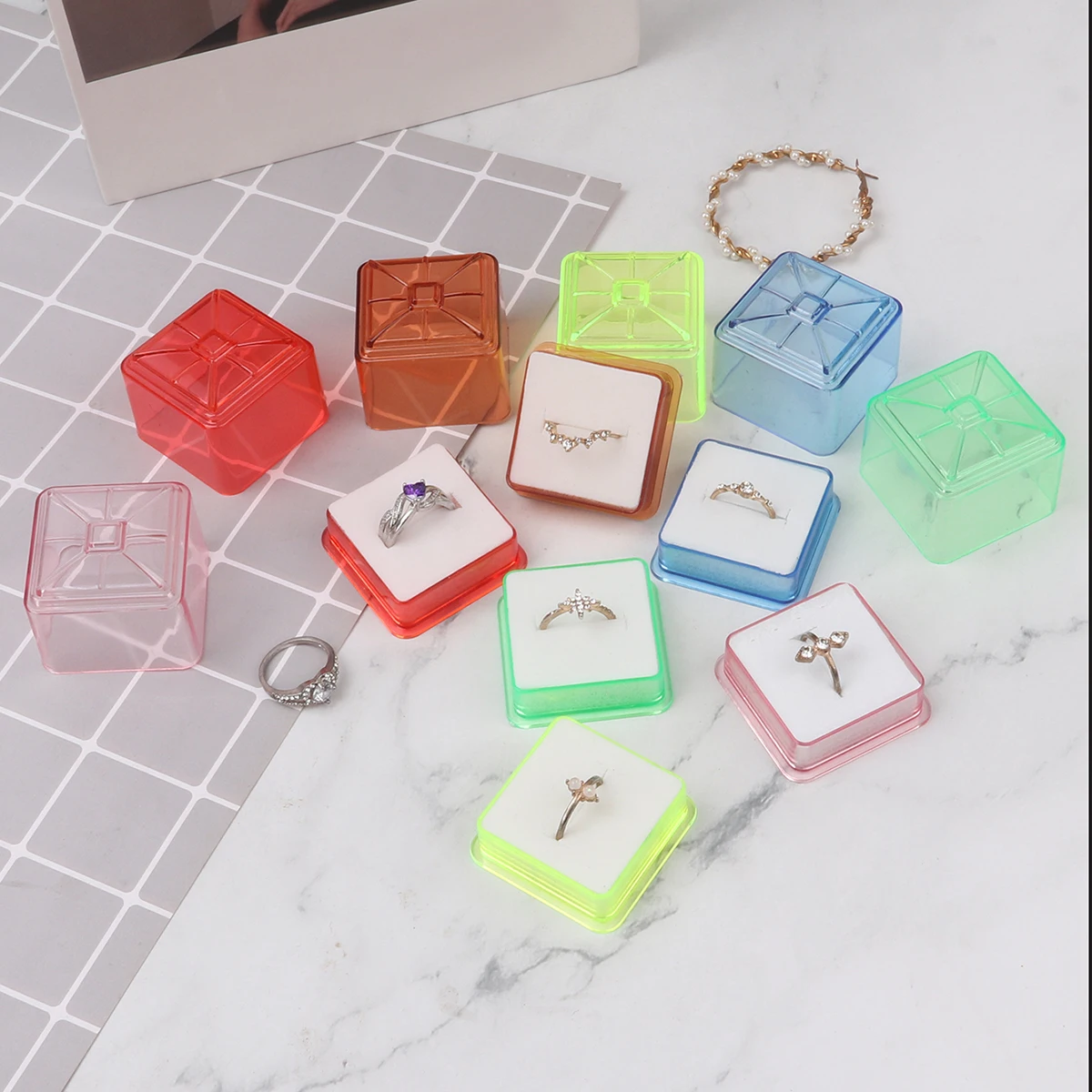 Cajas de plástico para anillos de 6 piezas, caja organizadora de almacenamiento, embalaje de joyería de boda