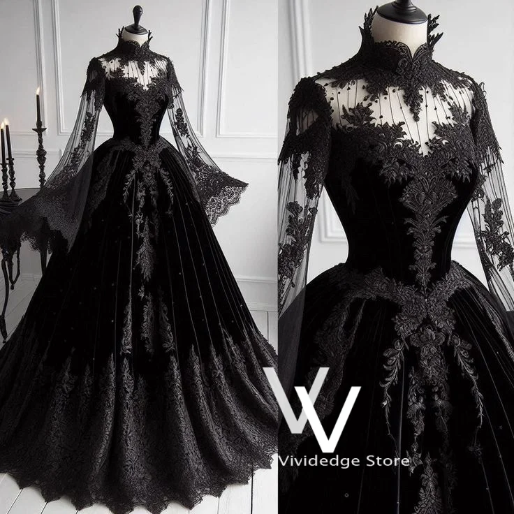 Vintage Black Gothic Wedding Gowns Medieval-Classic Openwork Sheer Velvet A-line Lace Embroidery Special Bridal Dress Customized