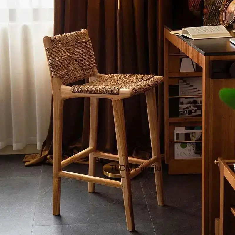 

Home Rattan Solid Wood Bar Chairs Nordic Kitchen Island Dining Chair High Stool Designer Retro Back Stool European Bar Furniture