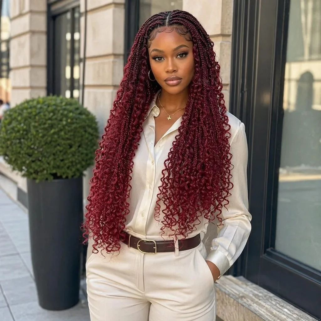 Bohemian knot-free box braid lace front wig with spring spiral curls, natural hairline, suitable for daily wear by black women