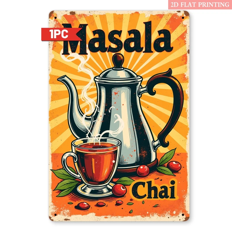 Letrero Metálico Decorativo de Pared 2D Plano, 1 Pieza, Diseño Vintage de Té Masala Chai Indio - Decoración Retro con Tetera y Especias, Incluye Receta de Masala Chai