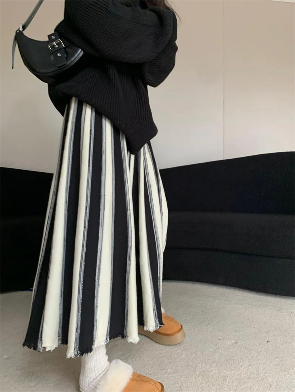 فستان نسائي مخطط بتصميم عتيق لخريف وشتاء 2025 فستان عالي الخصر على شكل حرف a ، فستان محبوك غير رسمي فضفاض وعصري