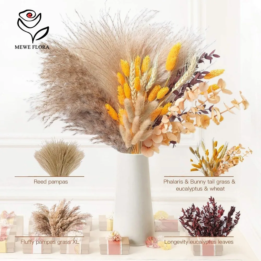 Fall Decor Natural Fluffy Pampas Grass 100PCS Bouquet Decorations Long-Lasting Dried Flowers Bunch for Boho Home Arrangement