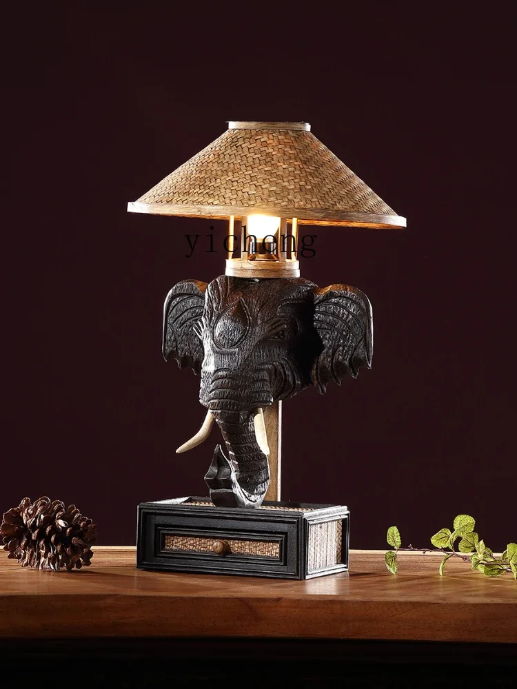 Elephant Massage Room Elephant Head Table Lamp Southeast Asia Wood Carving Desk Lamp Bedroom Lamps