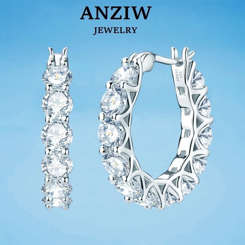 

Anziw Luxury Hoops Sparking Full 3mm/4mm Moissanite Earrings Solid Silver 925 for Women Huggie Wedding Engagement Jewelry Gifts