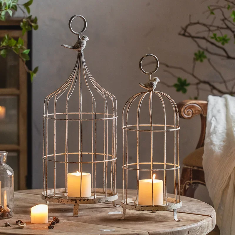 Creative white retro old birdcage candle holder