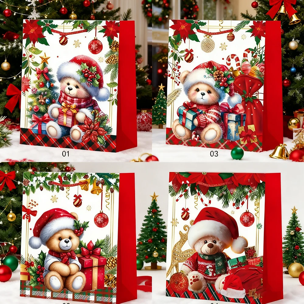 Christmas Gift Bag Cardboard Cute Christmas Bear Tote Bags Gift Packaging Bag Handbag Shopping Bag Xmas New Year Party Candy Bag