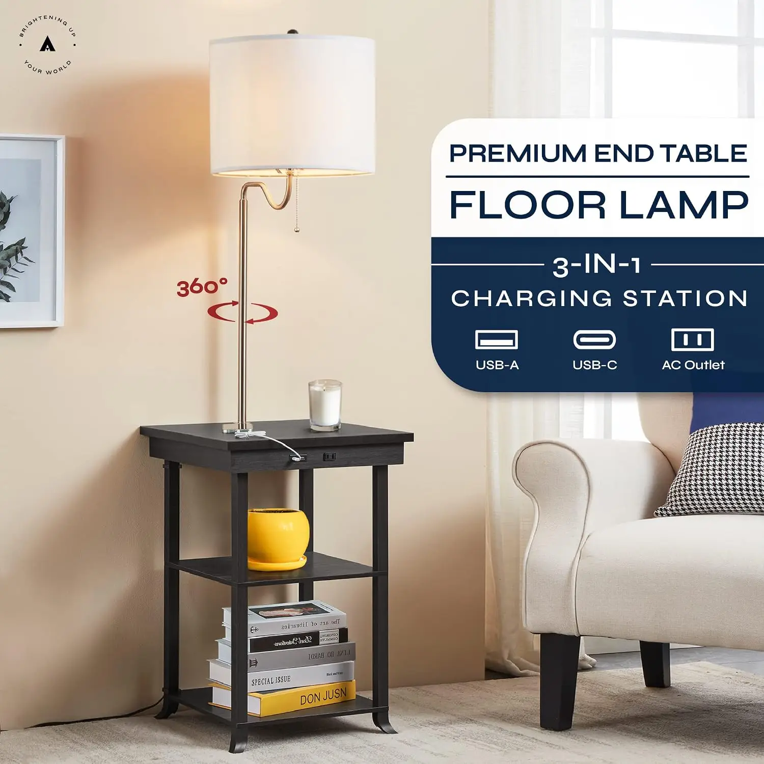 ATAMIN End Table with Lamp and Charging Station – Side Table with USB-C, USB, and Built-in Light – Modern Nightstand with Pull C