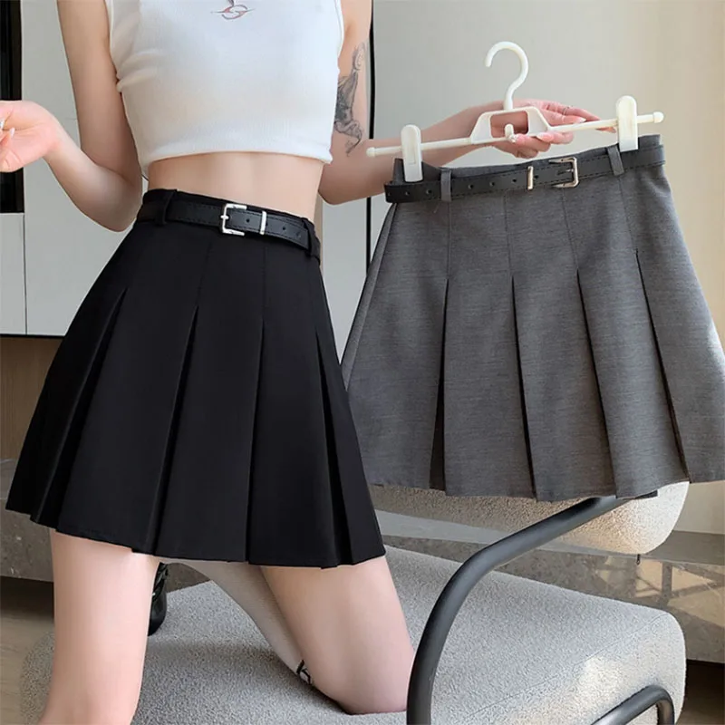 Faldas plisadas de cintura alta de estilo coreano, moda de verano para mujer, Falda corta adelgazante con cinturón, ropa de calle Retro, faldas acampanadas