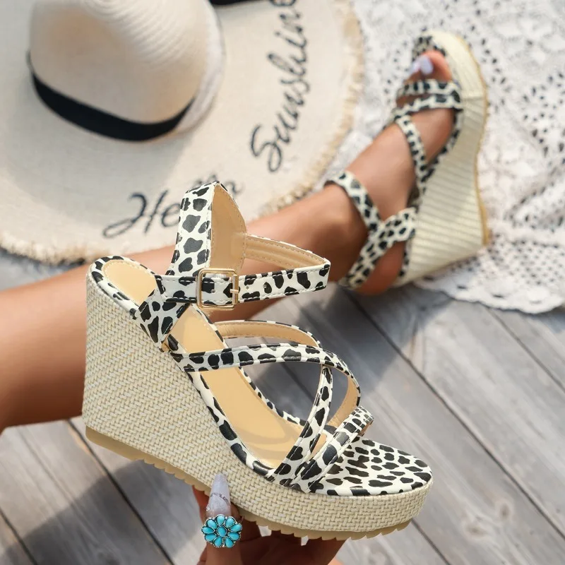 2024 Hot Sale Women's Shoes Buckle Strap Women's Sandals Fashion Leopard Print Dress Sandals Women New Peep Toe Wedge Sandals