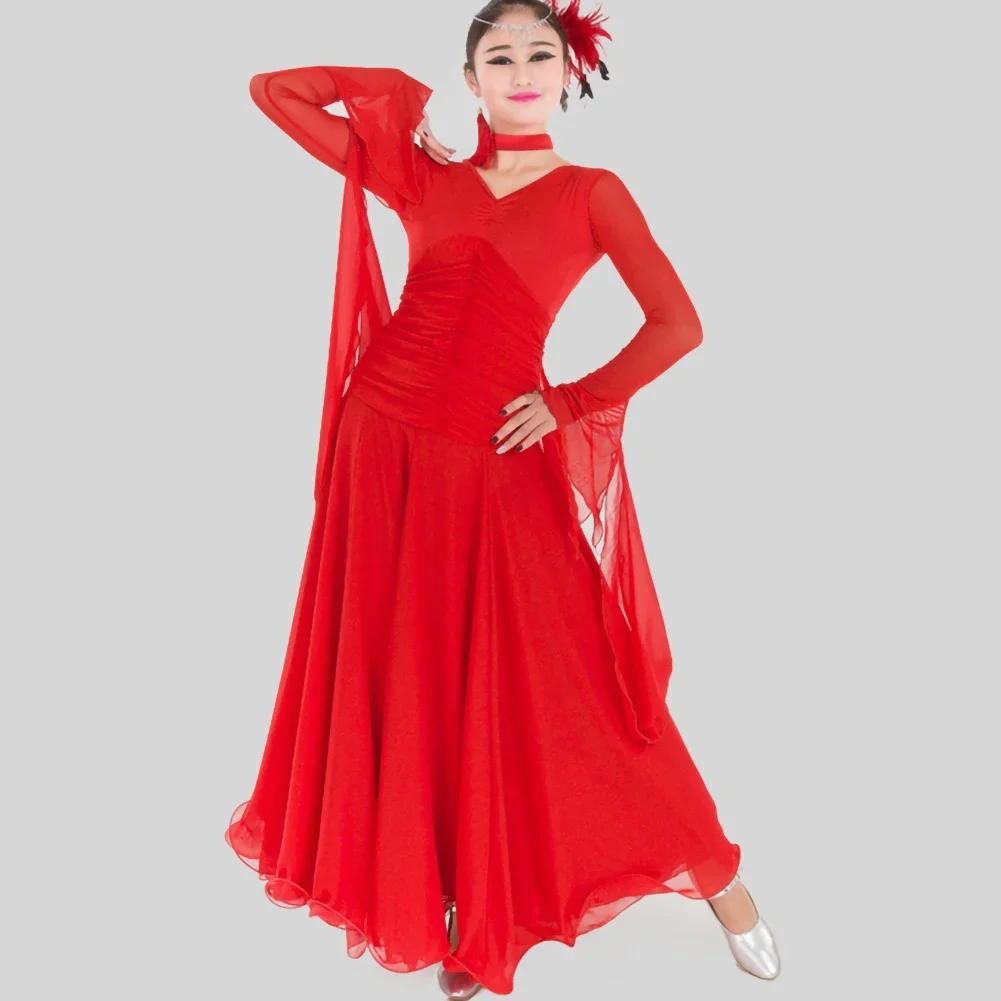 Strój na zawody taneczne, standardowy, z siateczki i wstążek, sukienka do tańca towarzyskiego z długim rękawem, sukienka do walca z dekoltem w serek, kostium do flamenco.