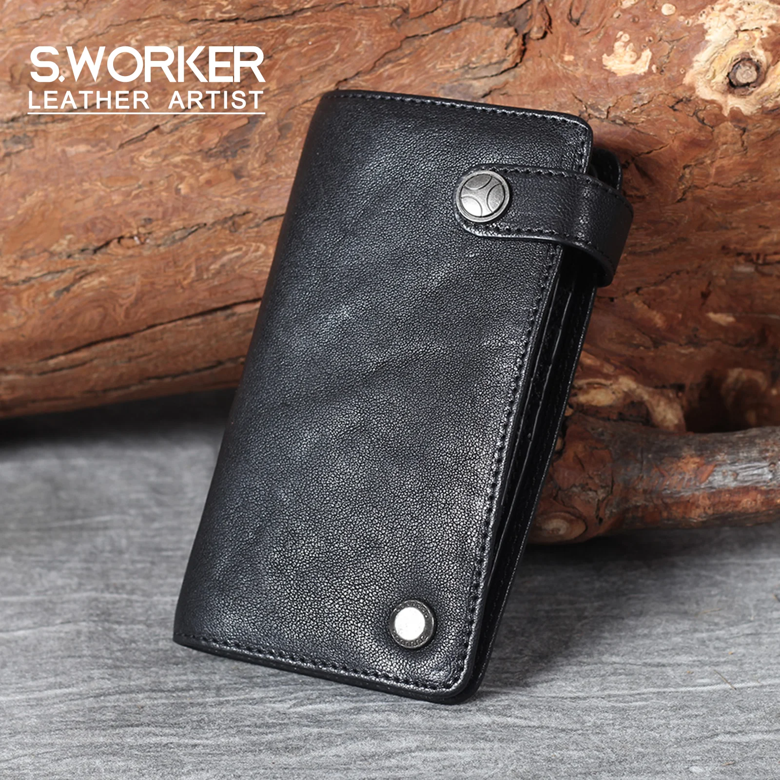 S.WORKER Vollnarbiges Echtleder Vintage Lange Clutch-Geldbörse Retro Reißverschluss-Münzbörse Handtasche – Detail 2