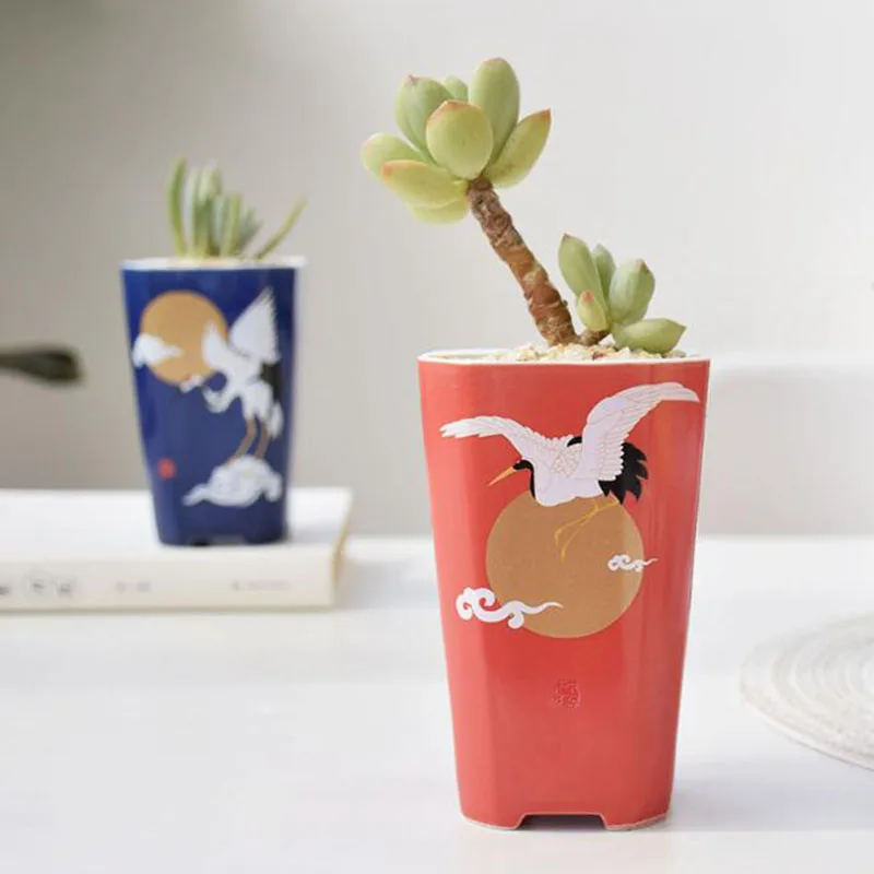 

Chinese Style Desktop Flowerpot Ornaments Crane Fleshy Plant Pot Breathable Bonsai Vase with A Hole Home Garden Decor