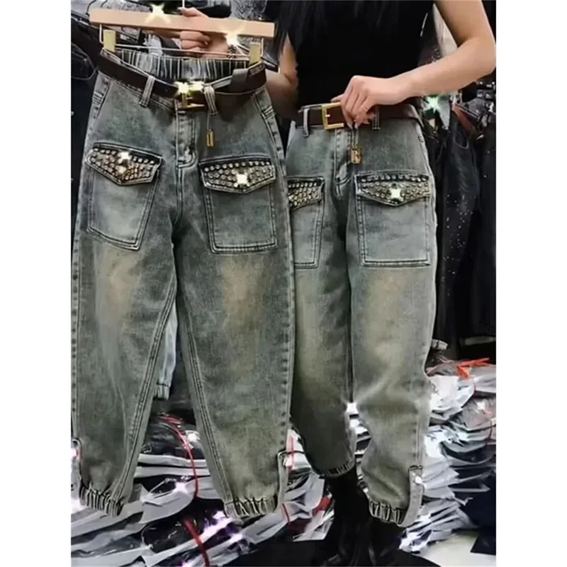 

2024 New Spring Autumn Fashion Hot Drilling Loose Denim Harem Pants Women High Waist Jeans Baggy Pants Ladies 4XL L70