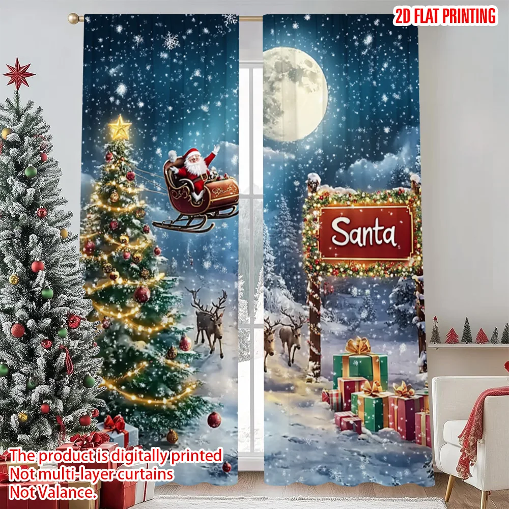 

2pcs 2D flat printing Merry Christmas Curtains Christmas scene Versatile Polyester Fabric Without Electricity Birthday Party Use
