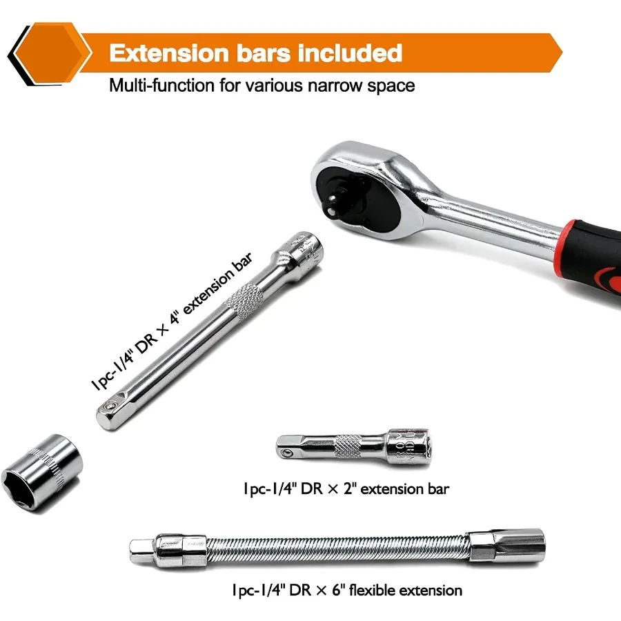 Set di 46 chiavi a cricchetto a bussola da 1/4 pollici con set di bussole per punte in dimensioni metriche e barra di prolunga per riparazioni automobilistiche